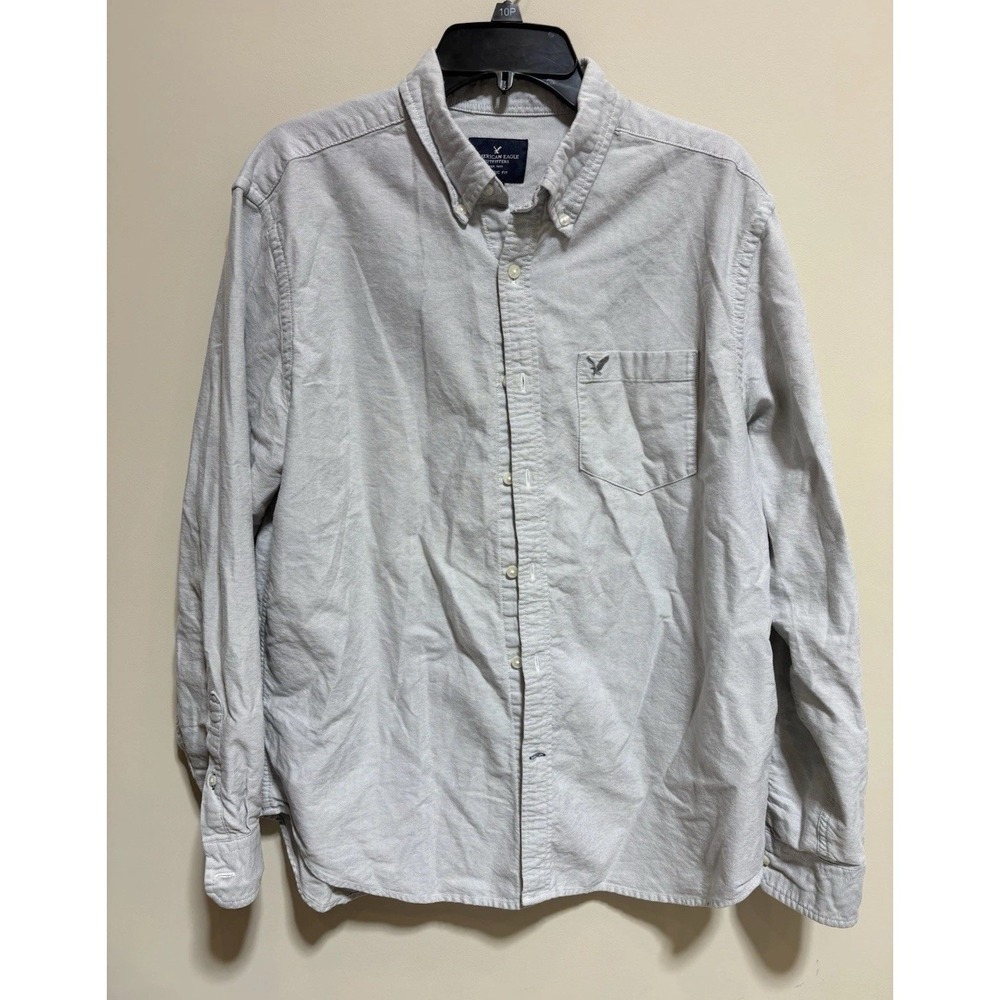 American Eagle Outfitters Men's XL Gray Classic Fit Embroidered Button-Down LS